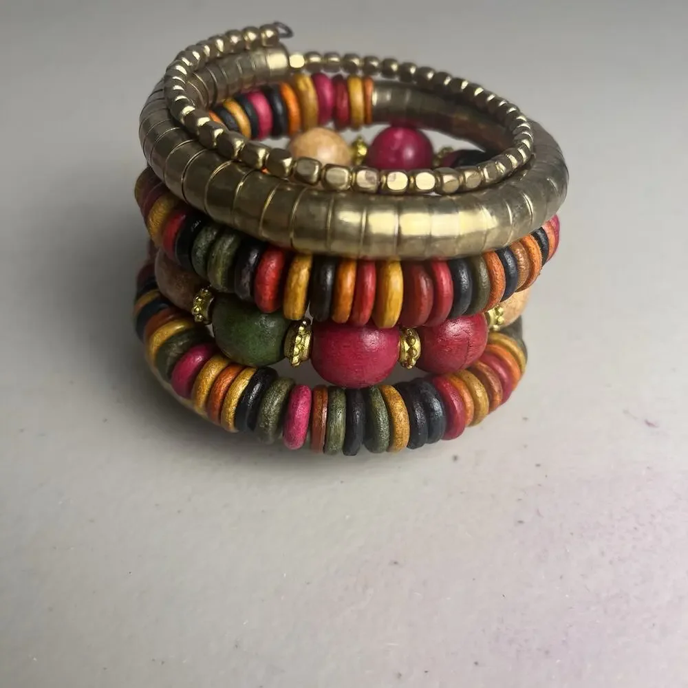Vintage Wooden Wood Bead Coil Wrap Bracelet Brass Tone Stacking Beaded Bangle